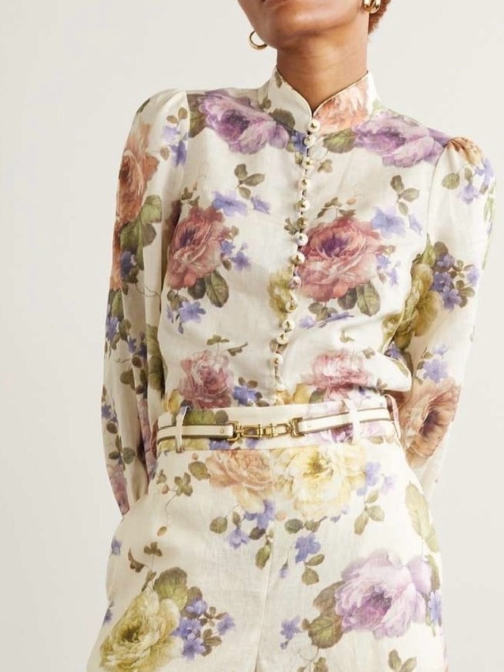 Zimmermann Floral Button-Front High Collar Blouse in Cream, Pink, Purple, Green